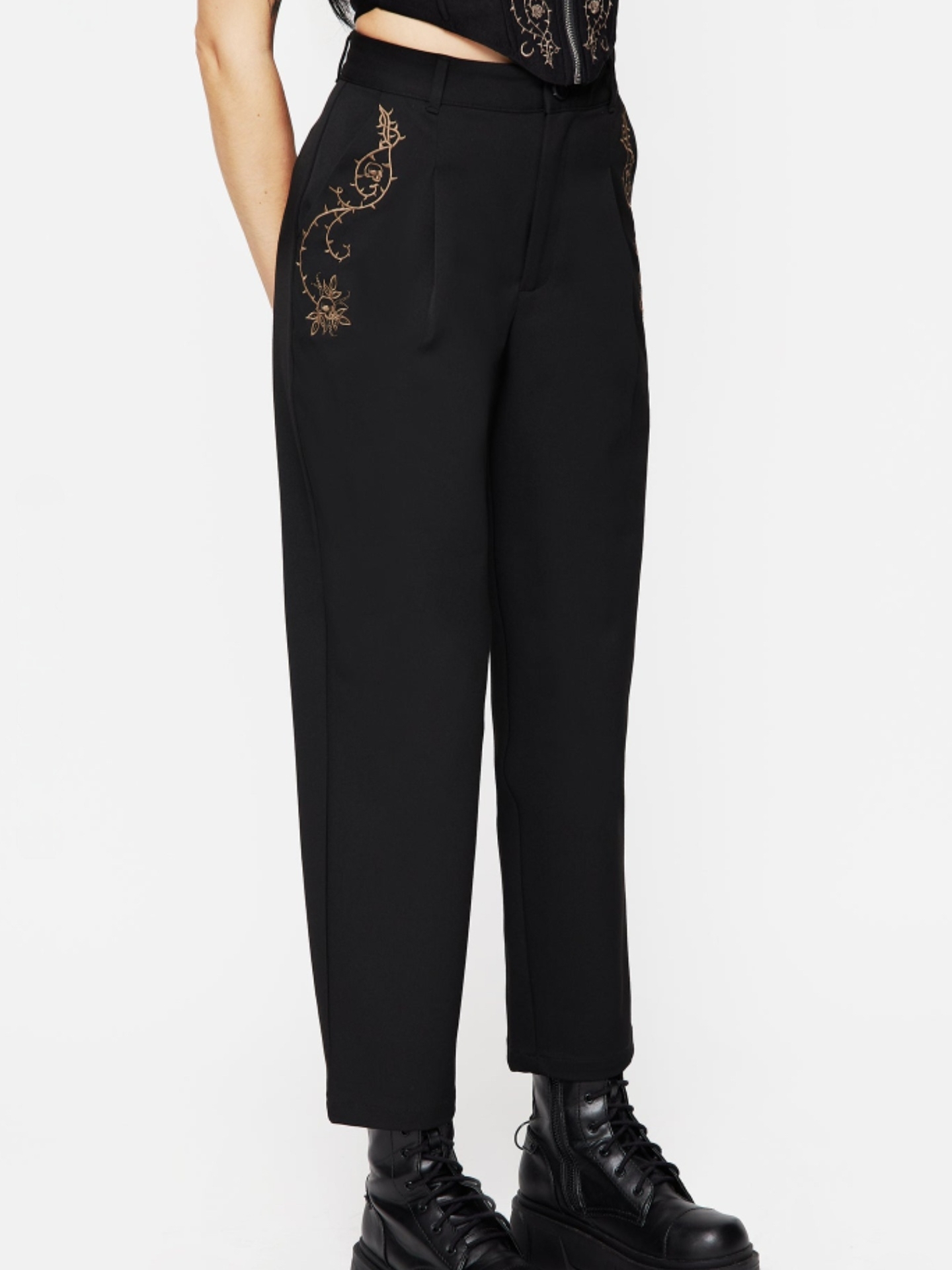 Disturbia Black Wide-Leg Pants With Gold Embroidery